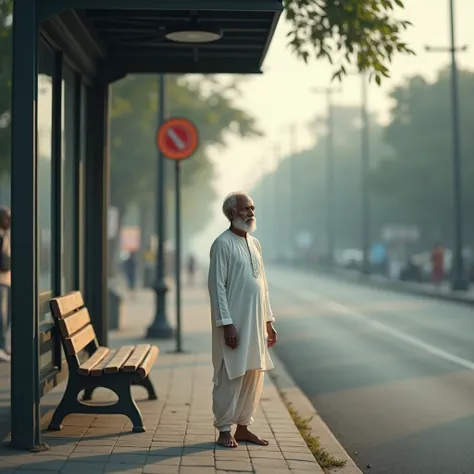 An elderly Indian man smiling in simple white Kurta, short hair and beard white traditional attire, standing quietly at a bus stop, with a calm and humble expression. Background Prompt: "An urban bus stop with a calm and peaceful morning or evening atmosph...