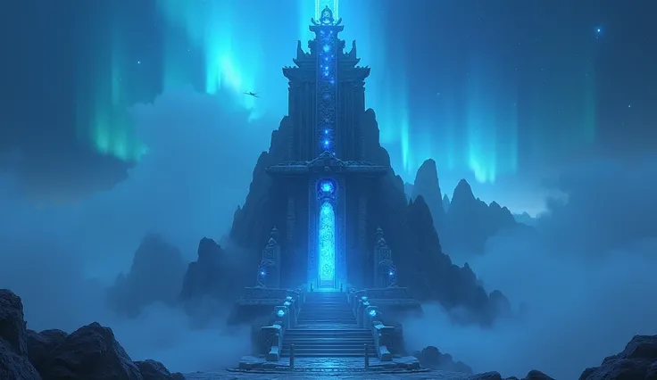  A majestic ancient temple shining with mystical blue light ,  Its on top of a mountain surrounded by swirling fog .  The temple is exquisitely carved with magical runes 、Large, A towering gate . Background,  The sky is filled with stars and faint auroras ...