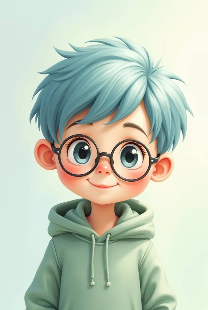 Cute boy with light blue hair and light green hoodie and round glasses