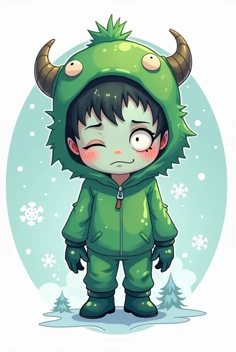 “A minimalistic, anime-inspired logo featuring a young boy with a zombie-like appearance dressed in a vibrant green monster-themed outfit. The boy has pale, slightly cracked skin, tired eyes with dark circles, and a calm, drowsy expression. His outfit is s...