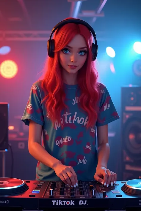 Im a professional DJ on tik tok who plays modern music .  Redhead with blue eyes in a bright T-shirt 192 cm tall make the picture as realistic as possible