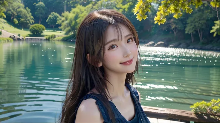 Ruzan-6500-v1.1, ( RAW photos :1.2), ( photorealistic), (Genuine:1.4） high definition  ( High Dynamic Range) The background is an image of a high waterfall with a majestic drop falling into a quiet lake. Woman with long hair,  A woman with brown hair stand...