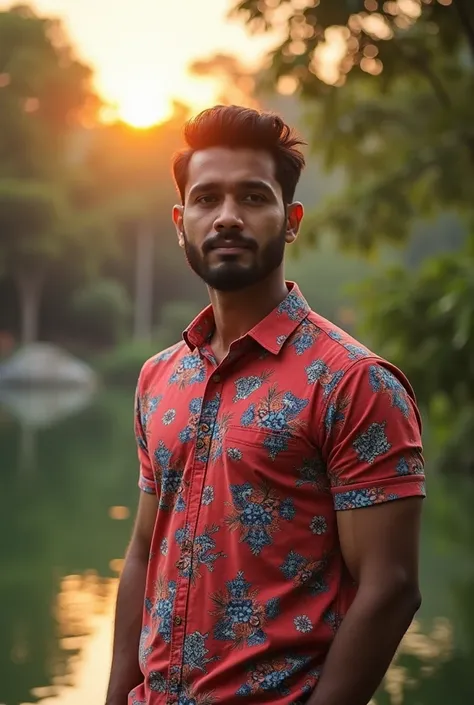 a Banngladeshi Smart Muscller Man Md. Abu Shakil by the Chiklee Water Park, Tigers in the background, floral flowers colorful, detailed landscape, Beautiful natural landscapes, atmospheric lighting, scorching sunset, warm colours, practical, photopractical...