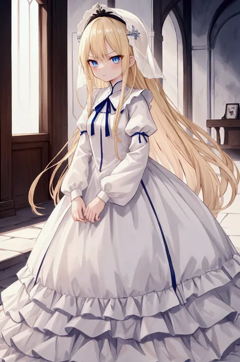  girl、Blonde、Blue Eyes、 long straight hair、Angry face、 closes her mouth、Pale lipstick、 Pure White Dress、Medieval style、Servant Dress 、 Pure White Nightcap 、 long skirt