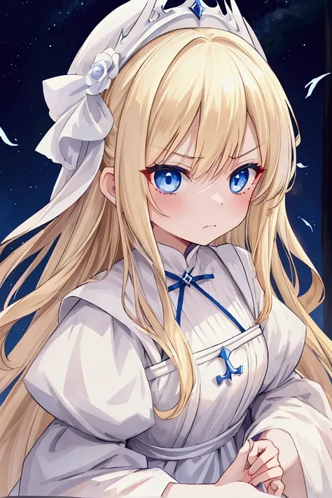  girl、Blonde、Blue Eyes、 long straight hair、Angry face、 closes her mouth、Pale lipstick、 Pure White Dress、Medieval style、Servant Dress 、 Pure White Nightcap 、 long skirt