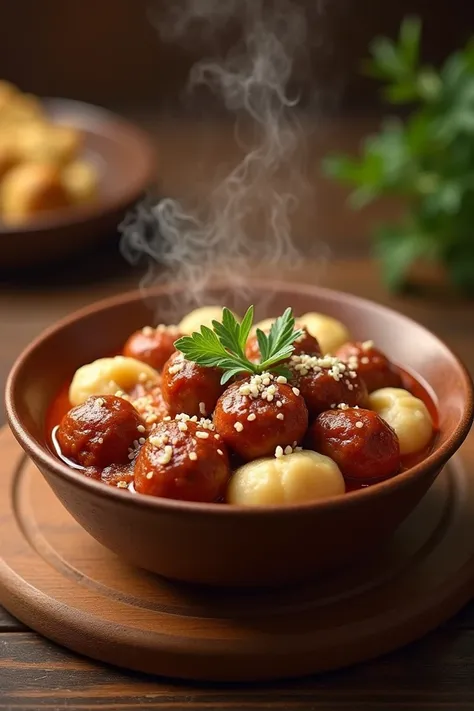 a bowl of meatballs complete with dumplings
