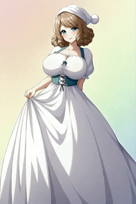  girl、Around 、Grown-up、 Light Brown Hair Color 、 Teal Eyelids、 short hair、 Voluminous Curly Hair、smile、Pale lipstick、 Pure White Dress、 Big Breasts 、Medieval style、Servant Dress 、 Pure White Nightcap 、 long skirt