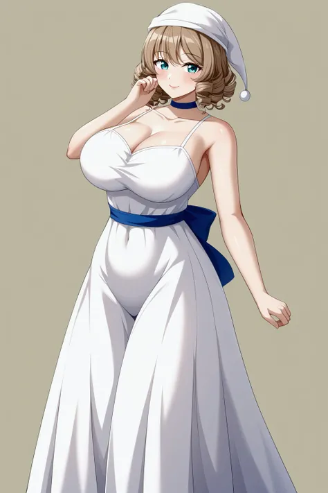  girl、Around 、Grown-up、 Light Brown Hair Color 、 Teal Eyelids、 short hair、 Voluminous Curly Hair、smile、Pale lipstick、 Pure White Dress、 Big Breasts 、Medieval style、Servant Dress 、 Pure White Nightcap 、 long skirt