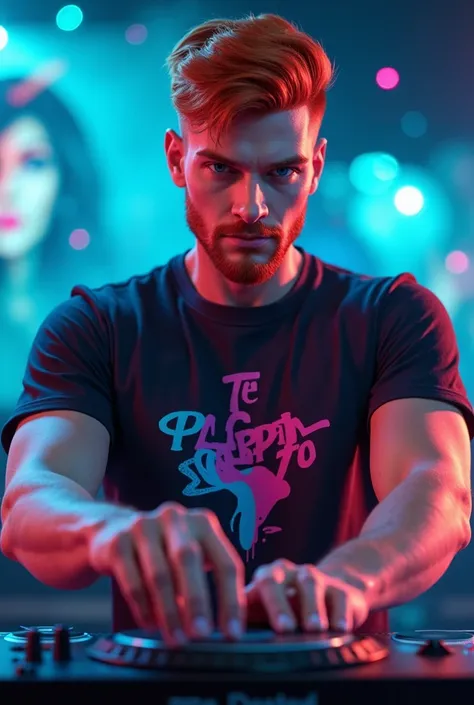 Im a professional male DJ on tik tok who plays modern music.  Redhead with blue eyes in a bright T-shirt 192 cm tall make the picture as realistic as possible