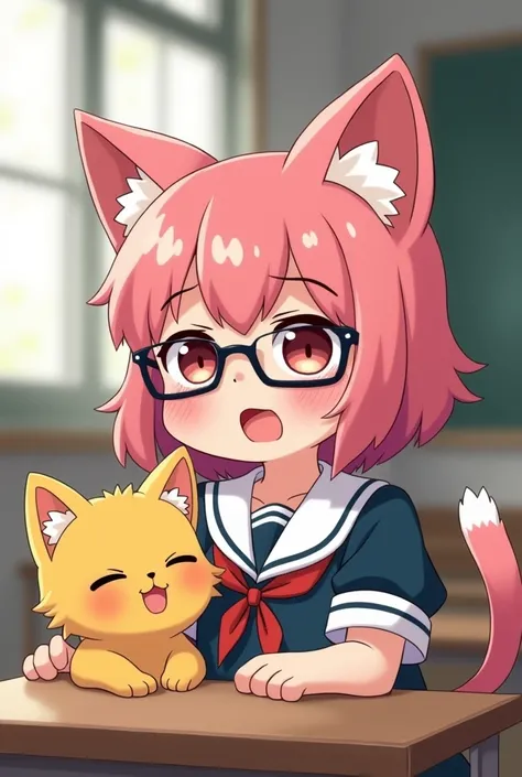 a pink kitten girl is crying, wearing a school uniform and glasses. next to her is a yellow kitten friend and she is petting him on the shoulder, the yellow kitten is also in a school uniform and they are both in the classroom Голубые глаза, Закрытые глаза...