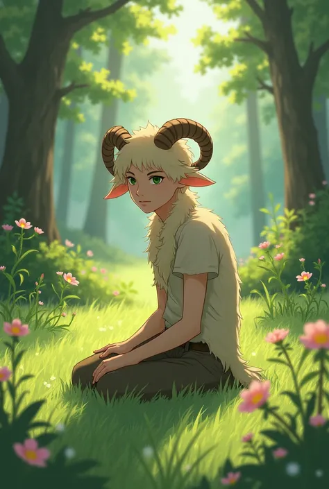 generate image of a character, male, slim, beige hair, mythical, sheep ears, illustration, kneeling, in the grass, forest, flowers, green eyes, semi realistic style, soft coloring, fluffy hair