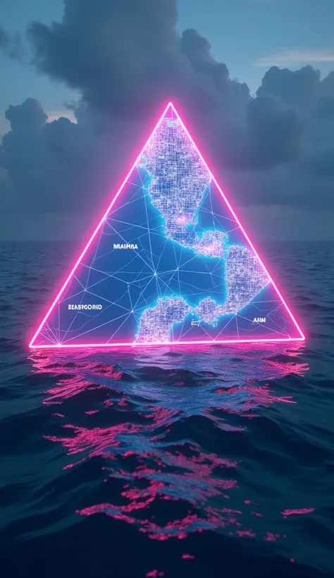 A glowing triangular map over the ocean, connecting Miami, Bermuda, and Puerto Rico with bright neon lines. The background shows faint clouds and a textured sea surface."