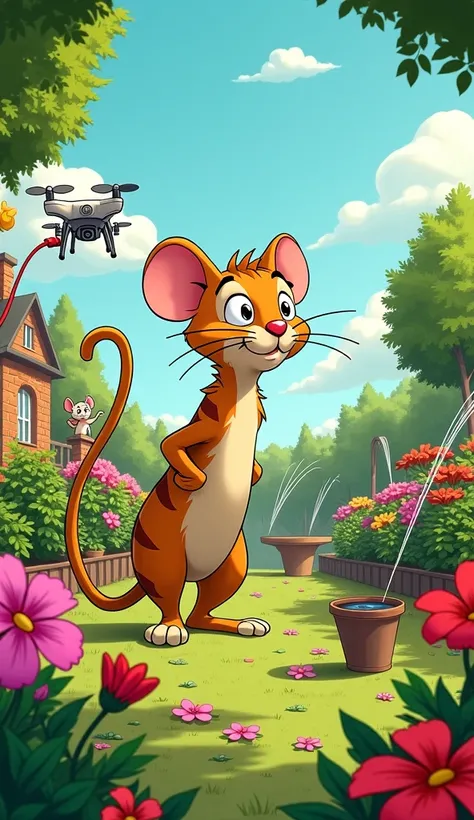 Garden Chaos:
"A vibrant cartoon-style illustration of a mischievous mouse and an annoyed cat in a lively garden. The cat has a buzzing drone tied to its tail, and the mouse is peeking out from behind a bush, laughing. The garden is full of colorful flower...