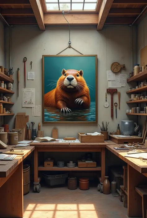  Create an image in Roberto _Ferri+Artstation of a painting of a Beaver hanging in the central part on the role of Executor in a well-organized workshop with tools on each wall,  plans on work tables ,  shelves with supplies and notice board with flow char...