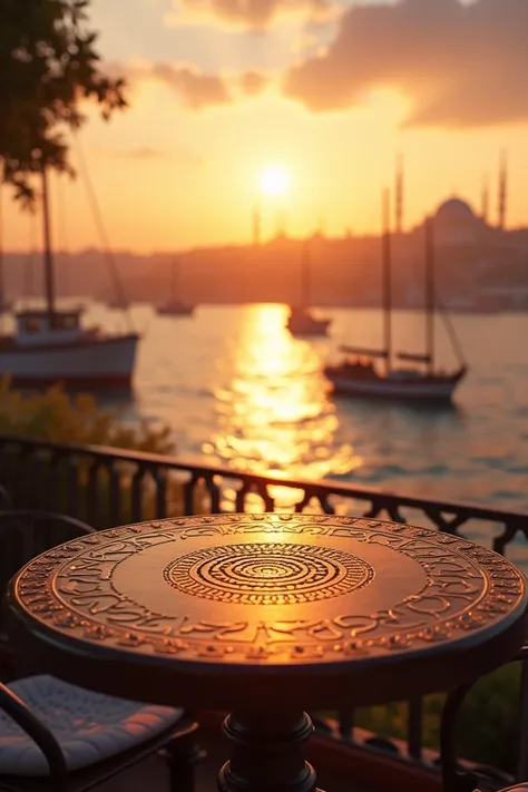 İstanbul table with mansions, sea, ships, sunset with table texture