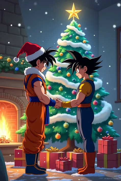 Goku in a Christmas hat with Vegeta puts gifts under the tree 
