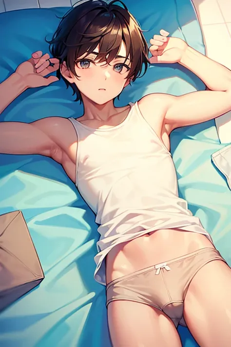 teenage boy wearing plain beige tunic and boxer briefs, on the poolside, (beautiful detail eyes), (soft+cute), ((best quality)), ((masterpiece))