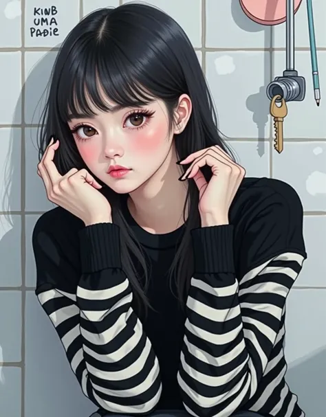 Close up of a woman taking a picture with her hand on her chin, Chiho, shikamimi, Ishida Sui with black hair, Yoshitomo Nara, 🚿🗝📝, Arab Asian woman in a pink bralette posing with a pretty face - pretty face , She has black hair with bangs , Teshirogi Shior...