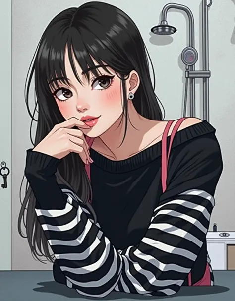 Close up of a woman taking a picture with her hand on her chin, Illustration by Torii Kiyomoto,  instagram, What is it?？, Chiho, shikamimi, Ishida Sui with black hair, Yoshitomo Nara, 🚿🗝📝, Arab Asian woman in a pink bralette posing with a pretty face - pre...