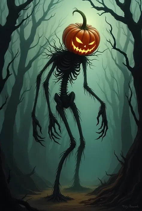 Skinny tree monster with a pumpkin head