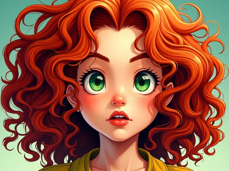 Redhead girl,  curly hair extremely curly,  green eyes , Are you saying pointed forward .  comic style.