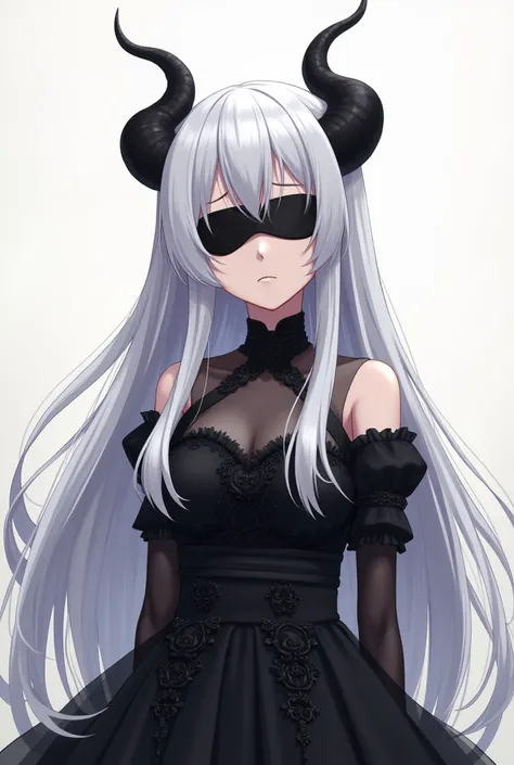 Anime girl 
White long hair
half black belt Blindfolded
black dress
black bustles
bored mouth
black horn

