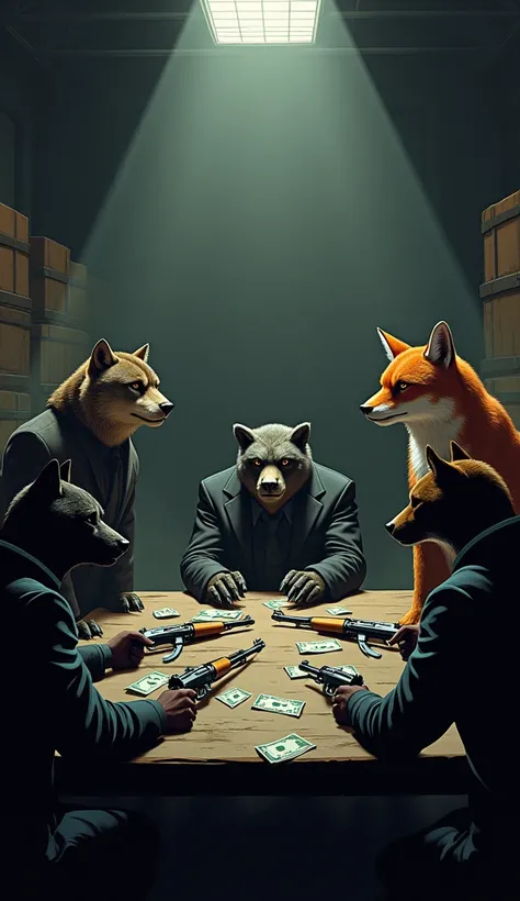 "Create a scene of anthropomorphic animals holding a secretive mafia meeting in a dimly lit warehouse. The wolf boss sits at a table with a bear enforcer, a cunning fox strategist, and a panther sharpshooter. AK-47s, shotguns, and wads of cash are spread a...