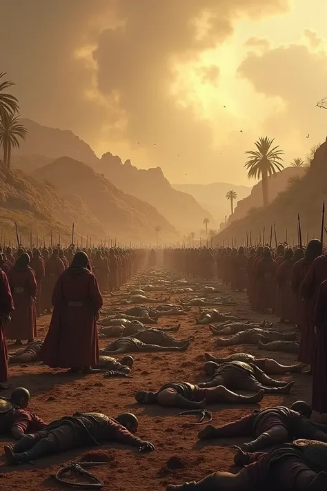 A totally defeated and destroyed army, many lying on the ground, already dead on the outskirts of Jerusalem, all in the biblical context of the Christian era. 