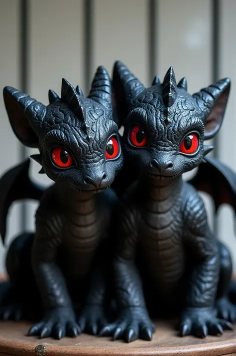 Two dragons, trapped in a cage , they are puppies , chaos dragon,  color totally black, eyes totally red , dragon look , quadruped,  cage background with white wall, fantasy world,Do they have wings, cute appearance 
