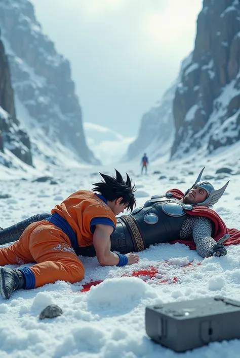 Goku killed Thor and is lying on the snow 
