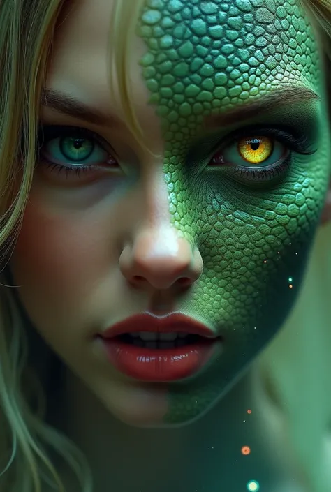 An ominous close-up of Taylor Swift’s face, half-human and half-reptilian. One side has her signature smile with flawless skin, while the other reveals scaled, greenish skin and a glowing reptilian eye. The background features faint Illuminati pyramids, st...