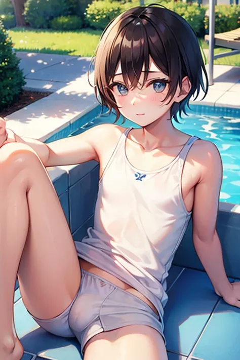 teenage boy wearing plain beige tunic and boxer briefs, on the poolside, (beautiful detail eyes), (soft+cute), ((best quality)), ((masterpiece))