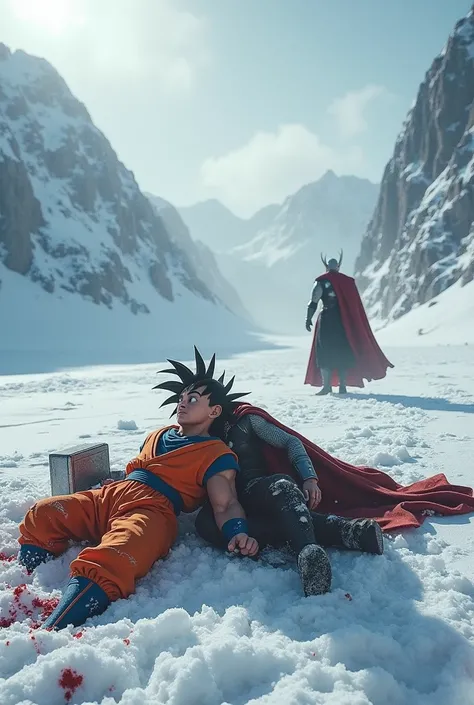 Goku killed Thor and is lying on the snow 
