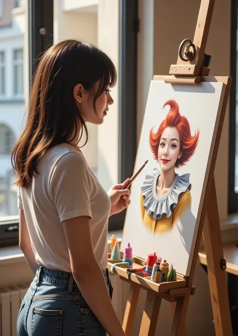  Super realistic image of a standing woman drawing a picture of a girl clown, A clown on a vertical easel with a cute theme .  has a colorful and detailed picture of a female clown on the easel , And the swirling ,  shadow body  .  Crayons and pencils are ...