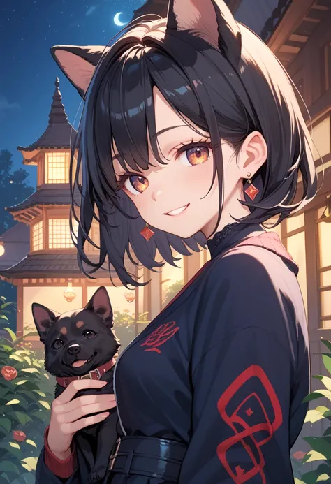 Black dog ears， black hair，  girl， Good style，， Looks like theyre enjoying the ，   beautiful night view with depth，End of fall ，Anime drawings，beautiful，smile