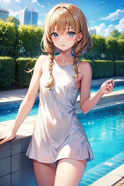 teenage boy wearing plain beige tunic and fabric, on the poolside, (beautiful detail eyes), (soft+cute), ((best quality)), ((masterpiece))