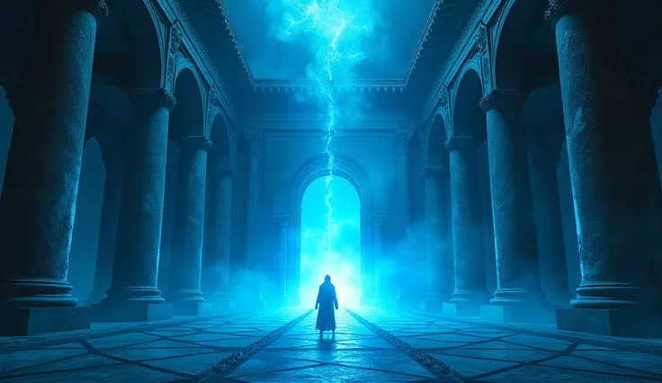 Inside a majestic ancient temple glowing with mystical blue light, .  It creates a calm and mysterious atmosphere  .  There is a sacred and awe-inspiring atmosphere I will,  Its like the secrets of the universe are hidden .”