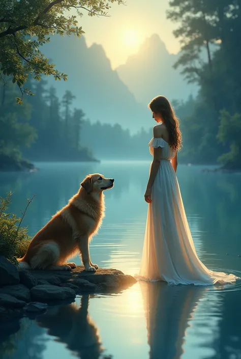  illustration: rosa, in a divine glow ,  faces his reflection in a lake . Wayra your dog is at your side like a spirit.. 