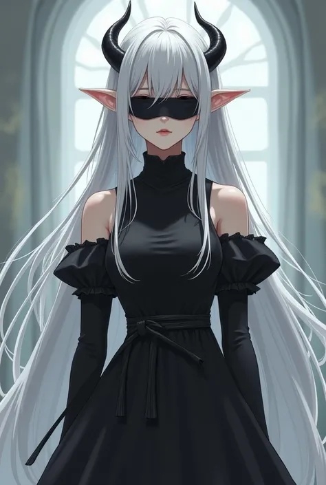 Anime girl 
White long hair
black belt Blindfolded
black turtle dress
black bustles
bored mouth
black small horn
elf ear

