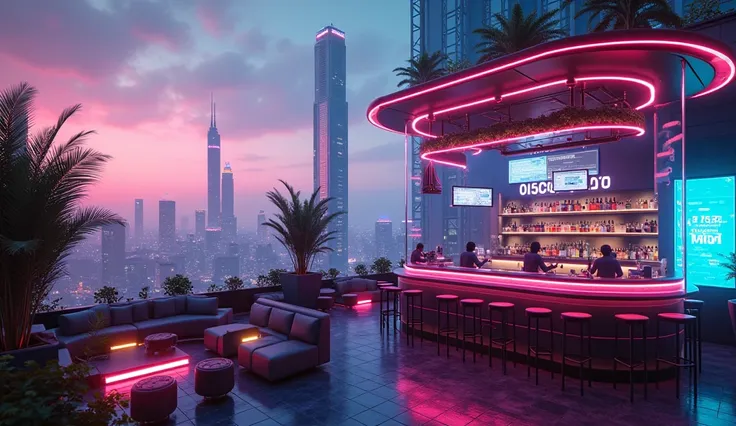  combining the relaxed atmosphere of a rooftop with the excitement of virtual reality、Its an outdoor VR cyberpunk bar .  there are no humans.  realistic pictures