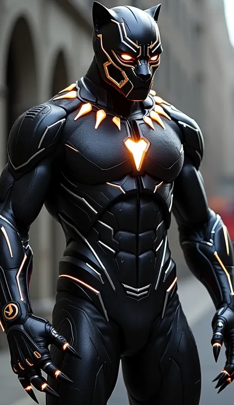 "Introducing the Iron Panther, a deadly fusion of Tony Starks genius and TChallas feral prowess. This hybrid dons a sleek vibranium-enhanced armor, blending the feline grace of Black Panther with the technological brilliance of Iron Man. The suit is jet bl...