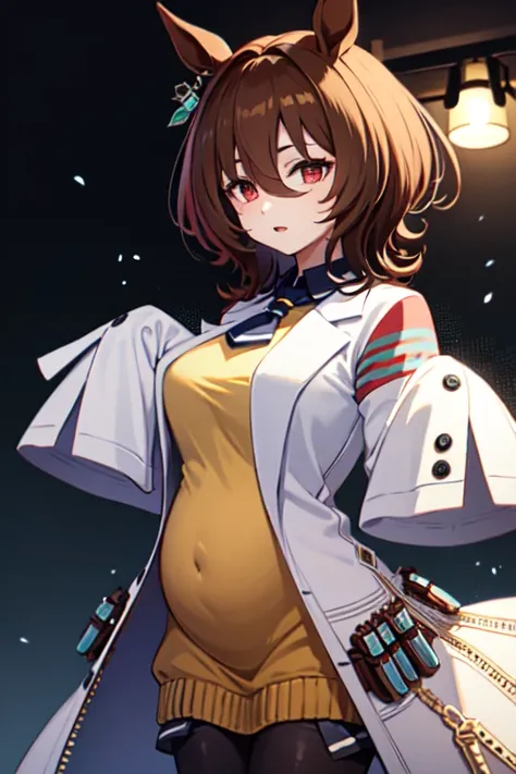  Agnes Tachyon 、Horse Girl、One person、 girl、Horse ears、Horse tail、 earring on one side 、Red eyes、I have lines in my eyes 、 shorthair、 brown hair 、Jacket、（White coat:1.2)、(bigger sleeve than wrist :1.1)、 yellow big sweater、 ties、 black pantyhose 、pregnant w...