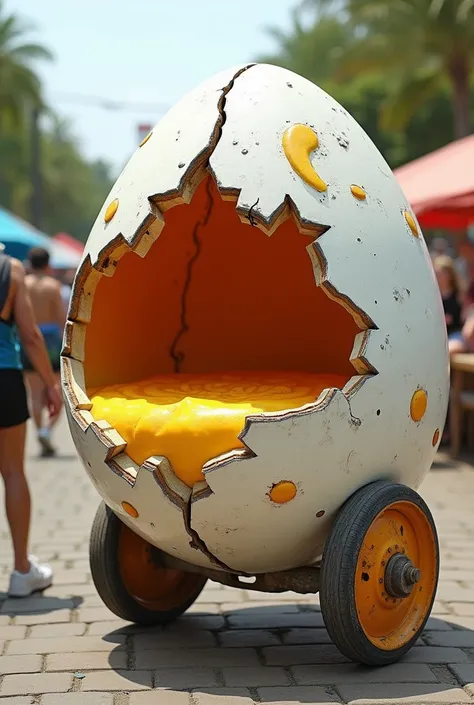 A food stand that is shaped like a parboiled broken egg that is mobile

