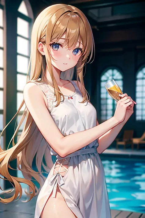 teenage boy wearing plain beige tunic and lace fabric, on the poolside, (beautiful detail eyes), (soft+cute), ((best quality)), ((masterpiece))