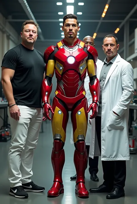 Elon musk and Scientists are putting the   real Iron Man red and yellow suit on Ronaldo in his secret godown. Elon musk weard black tshirt and white pant.scientists weard scientists white dress.everyone are same hight.realistic face image 