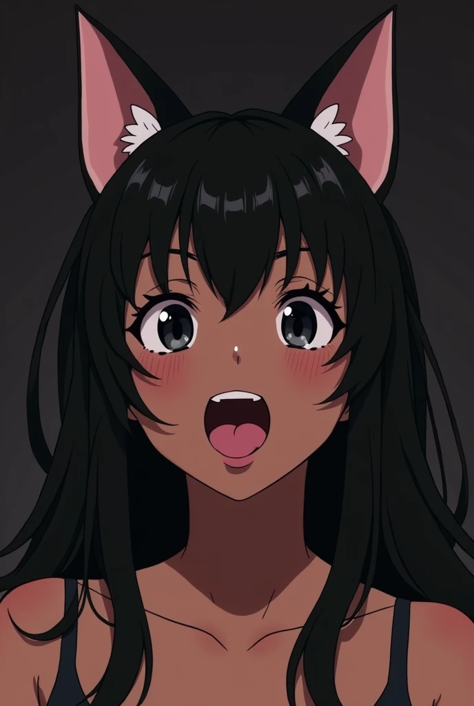 Black anime girl ahegao with tongue sticking out and eyes rolling up with puppy ears on her head and black hair and black eye color