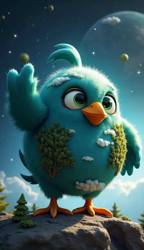 **Prompt:**  
"Create an ultra-realistic Angry Bird character inspired by the planet Earth, designed as a vibrant, living embodiment of the planet’s beauty and diversity. The bird is standing proudly in a dynamic pose, one wing raised as if it’s guarding o...