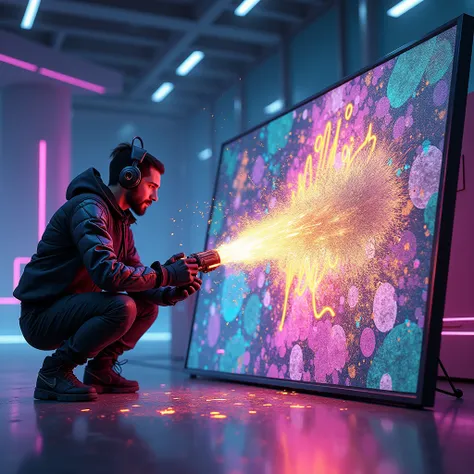 A futuristic gamer using a glowing dynamite tool to paint a large pixel canvas. The dynamite explodes in a burst of vibrant colors like neon green, cyan, and gold, instantly filling multiple sections with precise designs. The background is a sleek, digital...