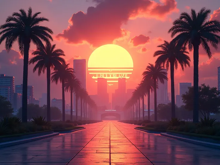 Img
A driveway lined with palm trees, Future City,  Sunset dominated by orange and purple, Nice clouds , Logo slanted in 45-degree oblique italics called Nightblaze