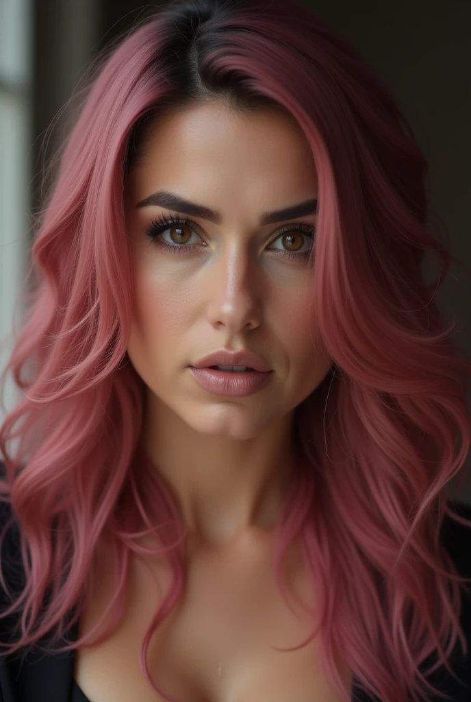 Of course.  Here is a realistic , detallada,  full and short description of the woman in the image :

 The image shows a woman of robust build with long, wavy hair of a deep pink color.  Her face is oval with full cheeks and a straight nose . She has dark,...